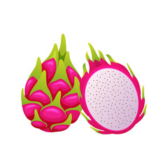 Vibrant Pink Dragon Fruit Cut In Half Showing White Flesh And Black Seeds Isolated On Transparent Background