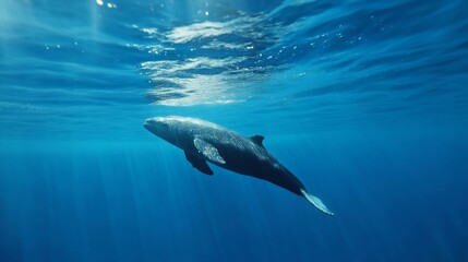 Fototapeta premium Majestic sperm whale swimming gracefully in the deep blue ocean underwater photography natural habitat serene environment side view