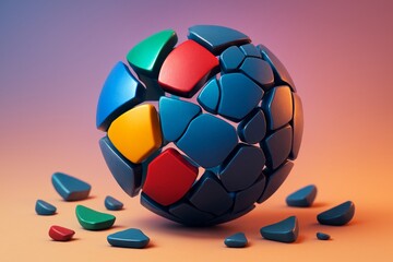 Abstract colorful geometric sphere breaking apart on smooth gradient background, symbolizing fragmentation and complexity in modern design concept. Ai generative