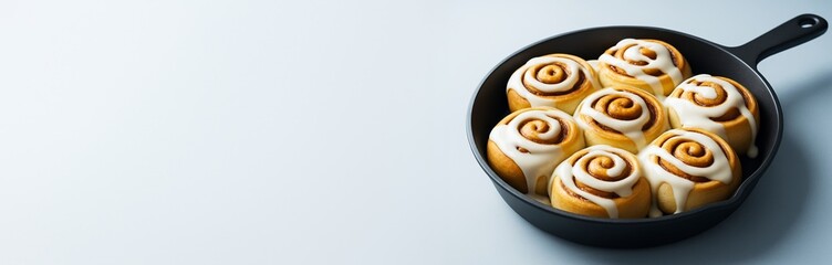 Freshly baked cinnamon rolls with icing in skillet on light background with empty copyspace for banner or poster advertising template design. Ai generative