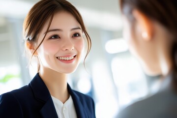 オフィスで同僚と会話をする日本人の若いビジネスウーマン