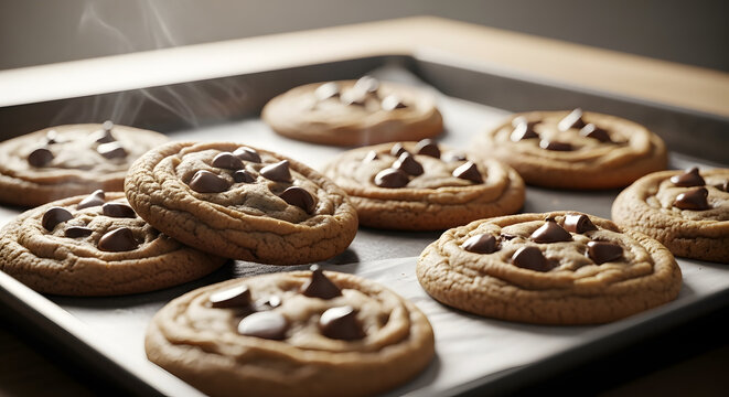 Freshly baked chocolate chip cookies cooling on a baking sheet with visible steam rising up above