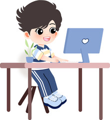 Cheerful and adorable cartoon boy enthusiastically working on a computer, symbolizing engaging online learning, digital literacy, and children's interaction with technology