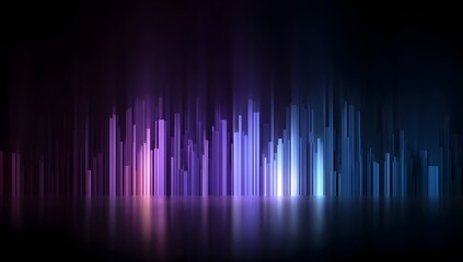 Abstract vertical light streaks in vibrant purple and blue hues create a futuristic cityscape or digital sound wave visualization on a dark background