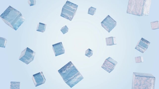 Ice cube explode flying on gradient light blue background.