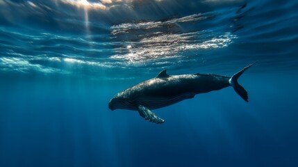 Obraz premium Majestic humpback whale swimming gracefully in the deep blue ocean underwater photography tranquil environment serene viewpoint marine life concept