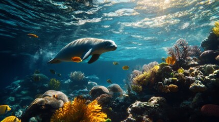 Fototapeta premium Underwater manatee encounter coral reef wildlife photography tropical ocean dynamic perspective conservation awareness