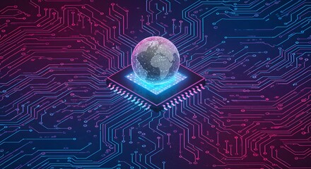 A digital globe hovering over a microchip on an intricate circuit board background