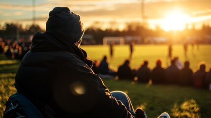 Spectator enjoys exciting soccer match local field photography evening glow close-up perspective community spirit