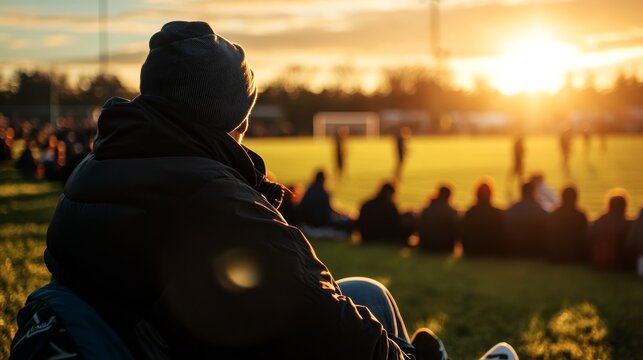 Spectator enjoys exciting soccer match local field photography evening glow close-up perspective community spirit