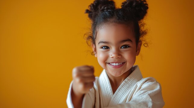 Adorable Young African American Girl in Kimono Smiling and Posing with Fists.