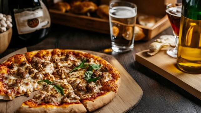 Delicious pizza feast with refreshing drinks cozy restaurant food photography warm atmosphere close-up perspective culinary delight - Powered by Adobe