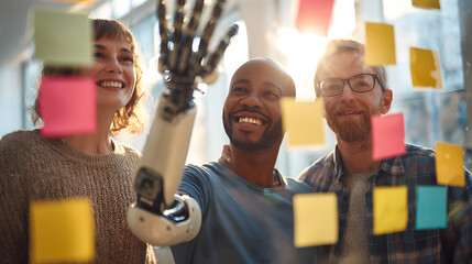 Diverse and Inclusive Business Team with Prosthetic Arm Brainstorming with Sticky Notes
