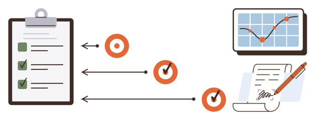 Actionable checklist, prioritized targets, progress chart with upward graph, signed agreements. Ideal for planning, productivity, organization, evaluation, workflow goal tracking business growth