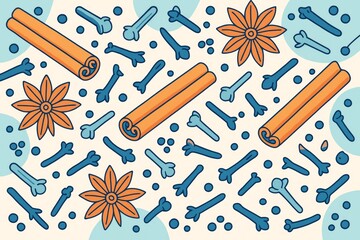 Colorful illustration of cinnamon sticks, cloves, peppercorns, and star anise on a light background in a playful creative style. Ai generative