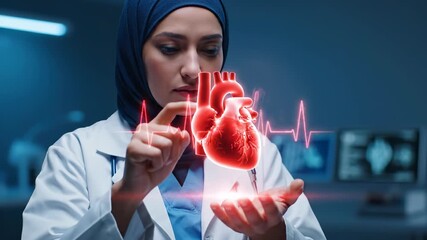 A female doctor in a lab coat examines a holographic heart model with a digital heartbeat. - Powered by Adobe
