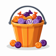 Vector illustration of Halloween candies in a bucket, flat cartoon style, orange and purple color scheme, simple background