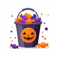 Vector illustration of Halloween candies in a bucket, flat cartoon style, orange and purple color scheme, simple background