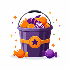 Vector illustration of Halloween candies in a bucket, flat cartoon style, orange and purple color scheme, simple background