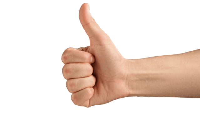Cutout image of a thumbs-up hand. Transparent. PNG. Thumbs up. Good. Nice.