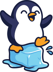 Naklejka premium Cute cartoon penguin sitting on melting ice cube with arms outstretched bird animal