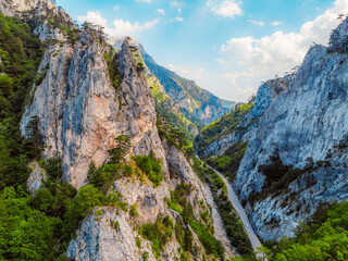  View of Sutjeska road in Bosnia and Hercegovina. Canon in Sutjeska  national park with towering rocks.