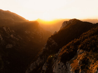 Sunset over Sutjeska National Park from Prijevor saddle, Bosnia and Herzegovina mountains with Bosanski Maglic the highest mountain in Bosnia and Herzegovina