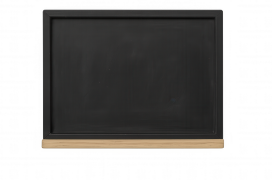 Empty blackboard with wooden ledge, providing copy space for school, education, or restaurant menu concept on transparent background