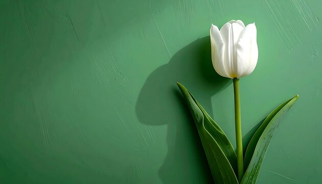 A single white tulip stands against a textured green background with a cast shadow