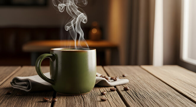 A steaming green mug of coffee with beans and a cloth on a wooden table in a cozy setting indoors - Powered by Adobe