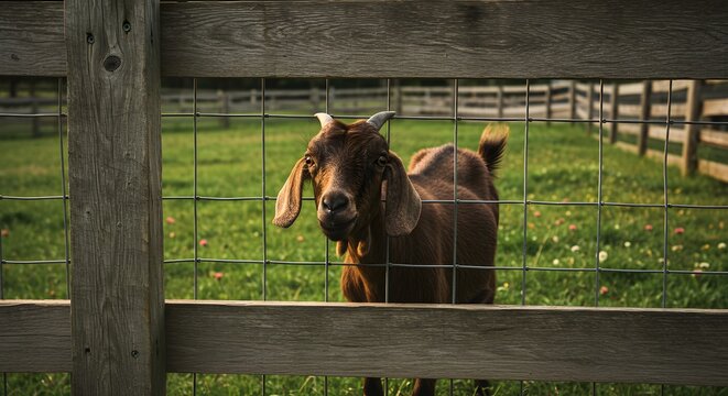 A curious goat peers through a wooden fence in a sunlit green field