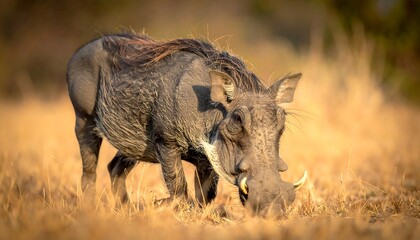 A single, wild hog with curved tusks, foraging on the sun-drenched, dry African savanna