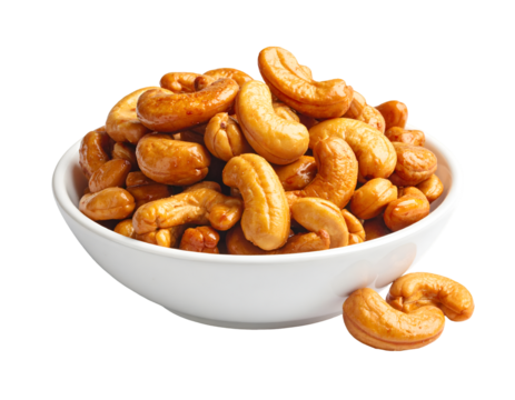 Heap of caramelized cashew nuts in bowl on transparent png