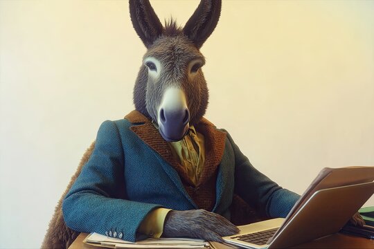 A donkey in a suit at a laptop, work desk. Office setting. On a simple bright background. High detail. Space for text - Powered by Adobe