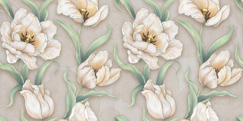 Mural. Watercolor drawing of tulips flowers. Wallpaper, tiles with a pattern of tulips flowers on a gray cement background. Image for photo wallpapers. Fresco.  © Artem