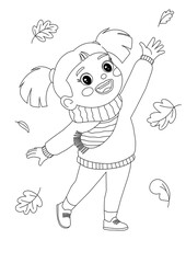 Cute little girl enjoying autumn leaves, smiling and playing outdoors. Adorable fall coloring page for kids. Black and white vector line art, perfect for education, print, and DIY crafts.