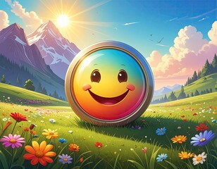 Radiant Smiley Face Amidst Mountain Meadow Under Sunny Sky in Vivid Pixel Art Style