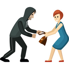 Thief in dark hoodie attempting to snatch handbag from a woman in blue dress on transparent background dynamic struggle scene illustration