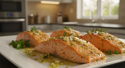 Delicious panseared salmon fillets with garlic and herbs, served on a white plate in a bright kitchen setting, ready to be enjoyed for dinner