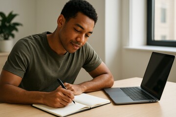 Focused young man writing in notebook while sitting at desk with laptop in natural light background, modern workspace concept. Ai generative