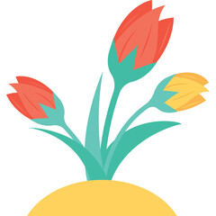 Three Blooming Flowers Coral Red and Yellow With Green Stems Growing From Yellow Ground Against Transparent Background Flat Design Style