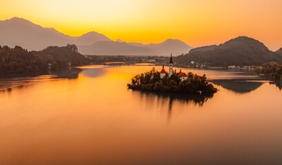 Bled, Slovenia. Bled Castle with Lake Bled with the Church of the Assumption of Maria and Julian...