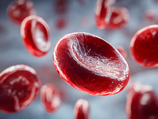 Highly detailed digital illustration of red blood cells flowing through the bloodstream with vibrant textures and a dynamic sense of motion and depth