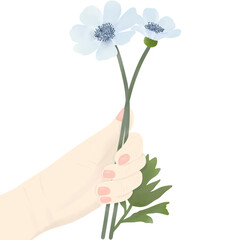 Elegant minimalist illustration of a hand gently holding two delicate blue flowers for world kindness day. Perfect for greeting cards, thank you notes, posters, wall art, or digital design projects. 