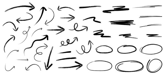 Hand drawn arrows, circles, and lines set, sketch style vector icons collection on transparent background