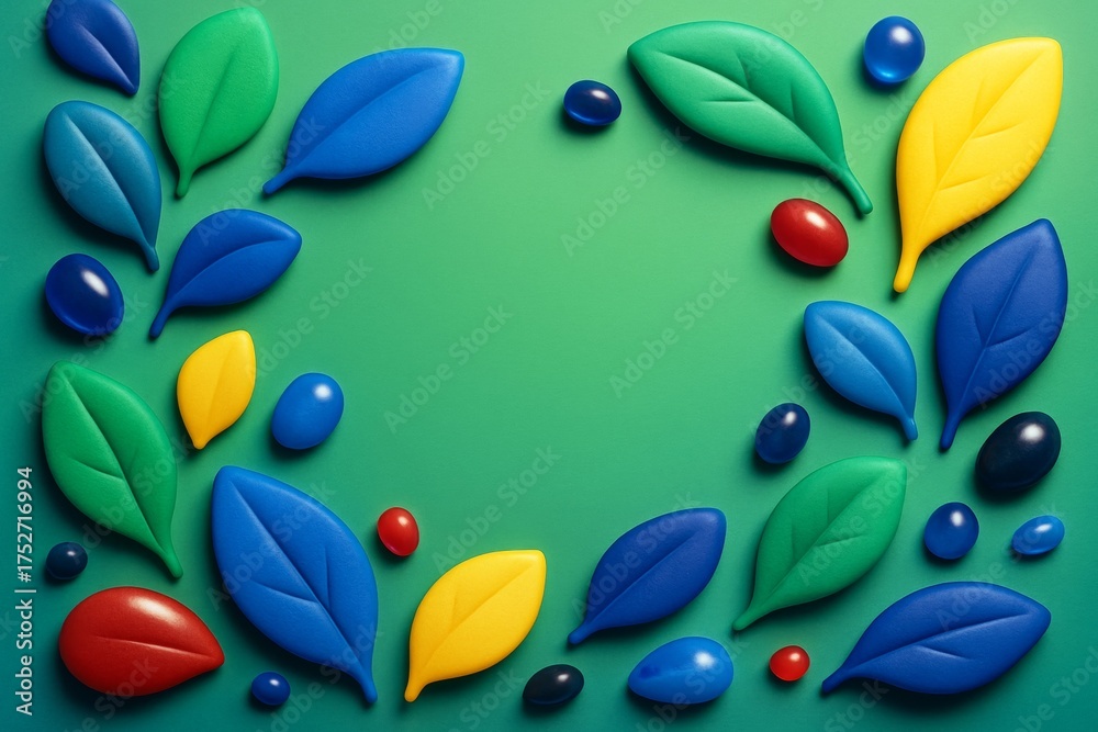 Wall mural colorful abstract leaves and berries arranged in a circular frame on green background for nature-the