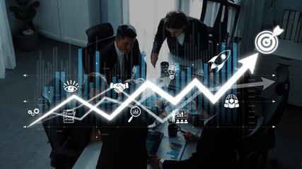 Engaging business team collaborates in a modern office, analyzing data and projecting growth through strategic planning and effective communication for success. Raster - Powered by Adobe