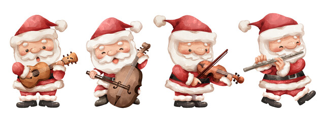 Watercolor cartoon illustration set of santa claus playing classical and string instruments includes ukulele or guitar, cello, violin, and flute . Christmas concert . Hand drawn digital painting .