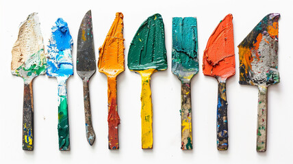 Row of used palette knives covered in thick, vibrant oil or acrylic paint, showing texture for art and painting.