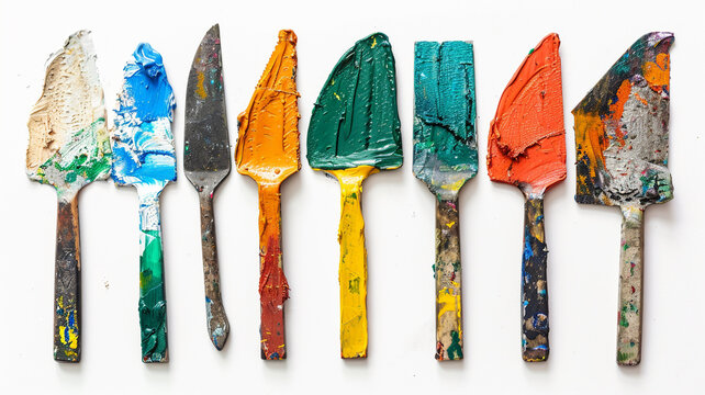 Row of used palette knives covered in thick, vibrant oil or acrylic paint, showing texture for art and painting.